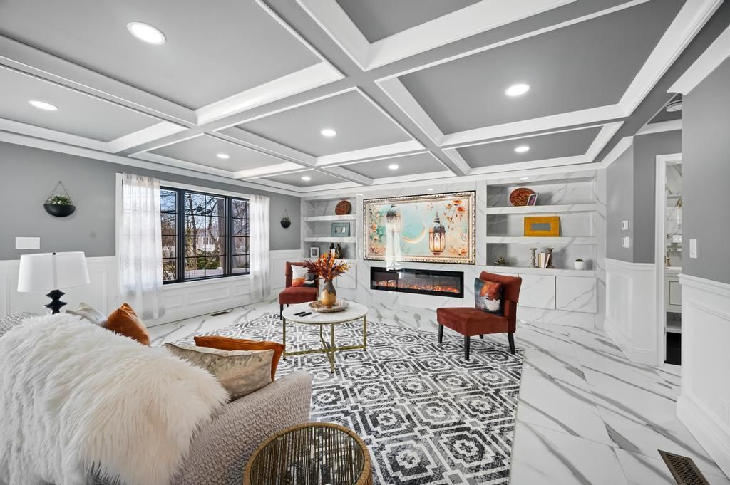 Fireplace, Interior, Living room, Marble, Recessed Lighting