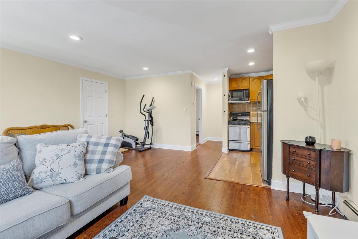 Interior, Kitchen, Living room, Recessed Lighting, Stainless Steel Appliances, Wood Texture Flooring