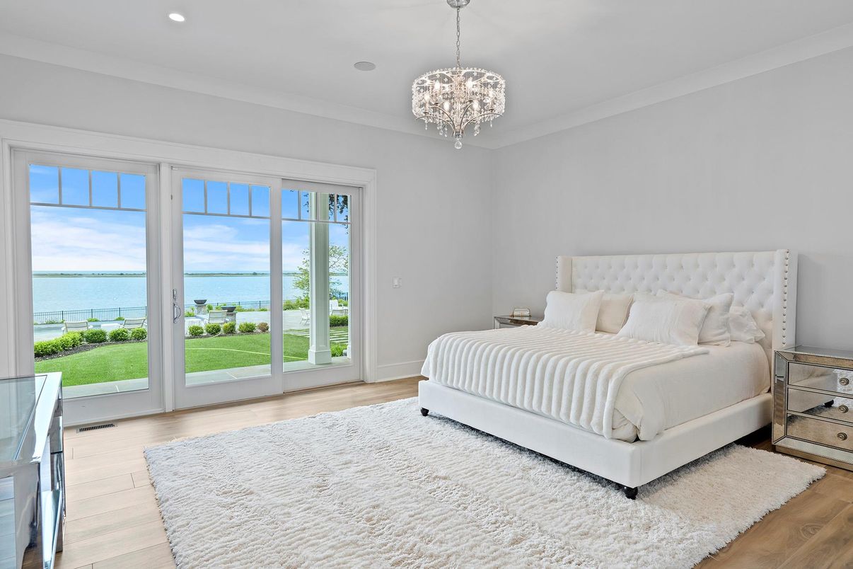 Bedroom, Chandelier, Interior, Recessed Lighting, Water, Wood Texture Flooring