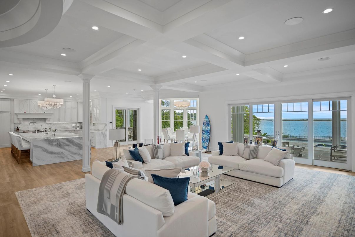 Chandelier, Interior, Kitchen, Living room, Recessed Lighting, Water, Wood Texture Flooring