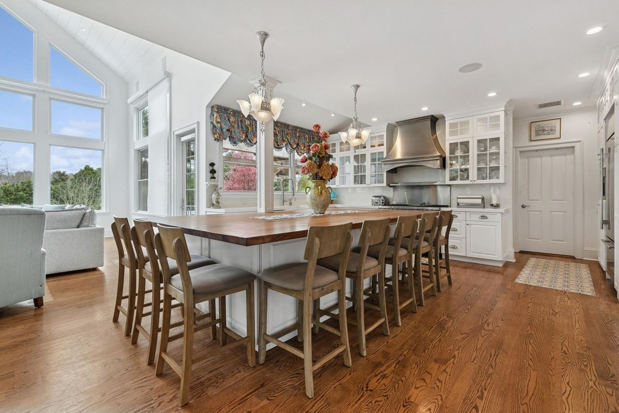 Chandelier, Interior, Kitchen, Recessed Lighting, Stainless Steel Appliances, Wood Texture Flooring