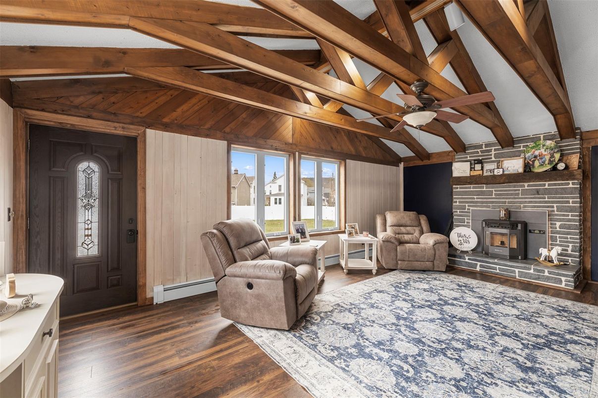 Fireplace, Interior, Living room, Stone Walls, Wooden Beams, Wood Texture Flooring, Wooden Walls