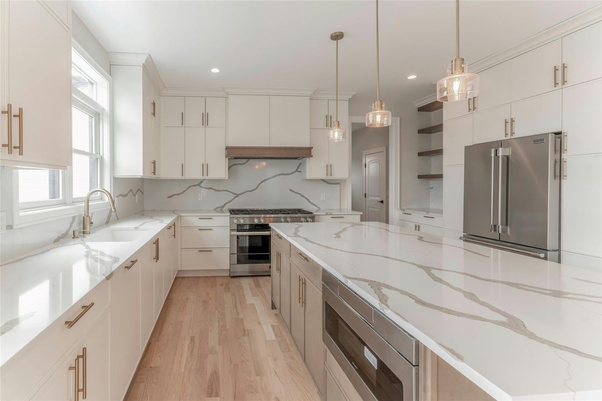 Interior, Kitchen, Pendant Lights, Recessed Lighting, Stainless Steel Appliances, Wood Texture Flooring