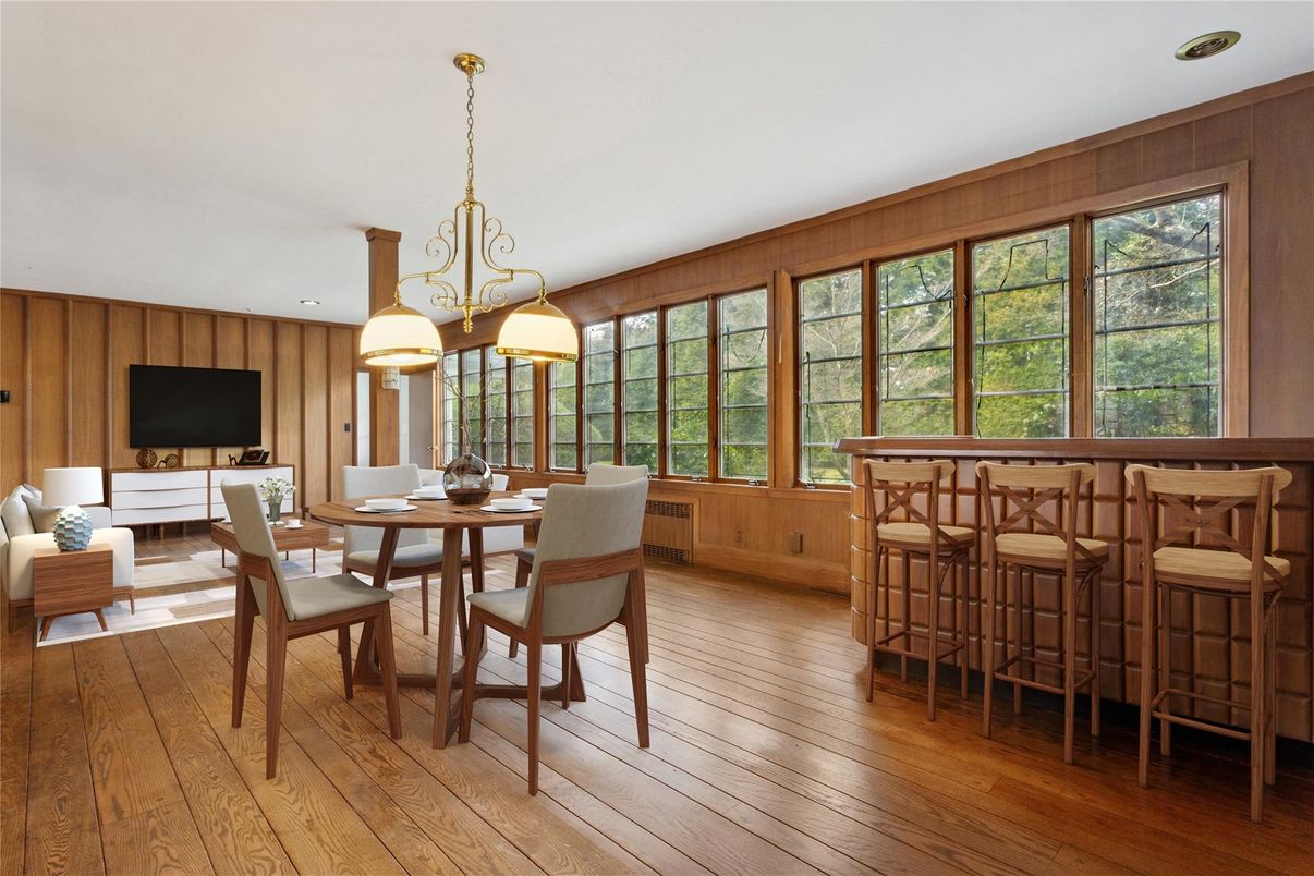 Chandelier, Dining room, Interior, Pendant Lights, Recessed Lighting, Wood Texture Flooring