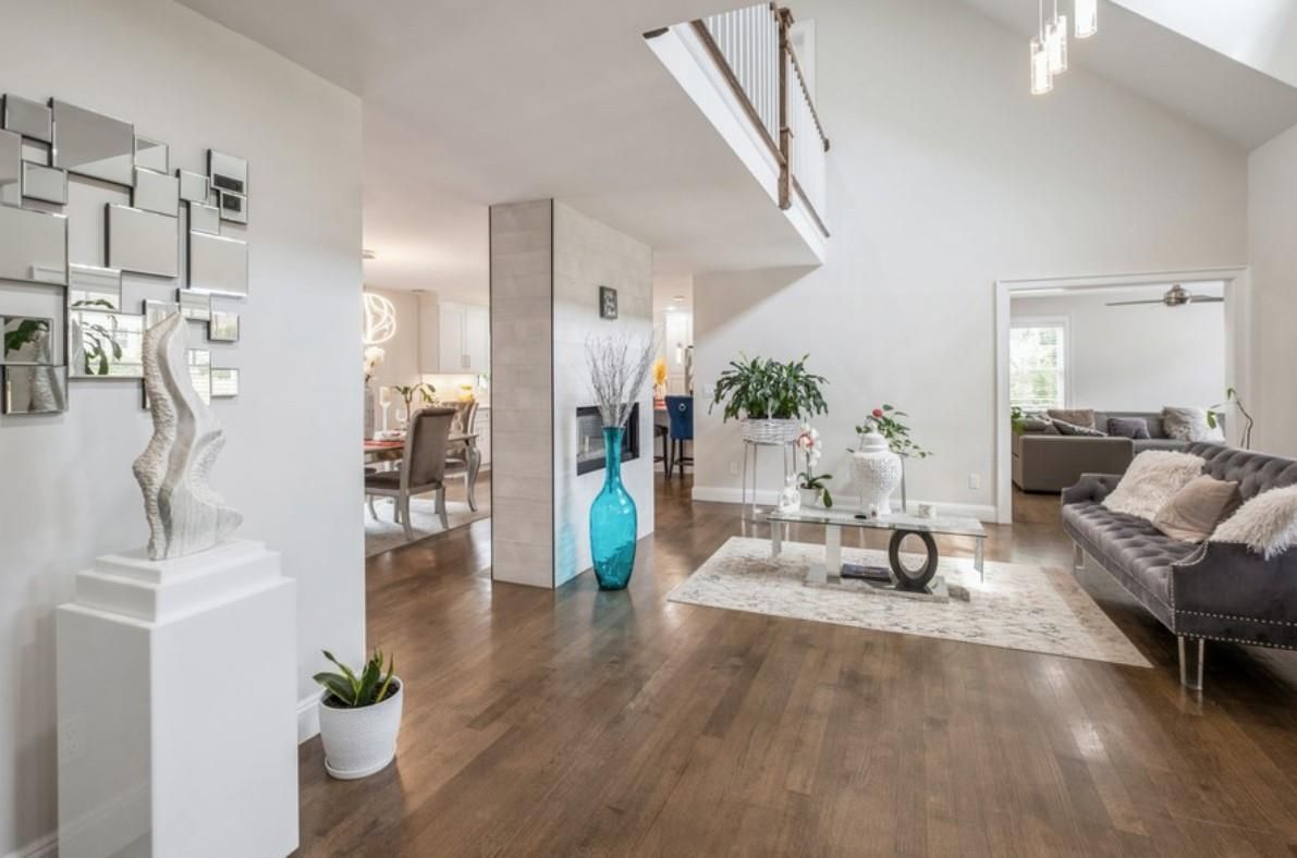 Dining room, Interior, Living room, Pendant Lights, Wood Texture Flooring