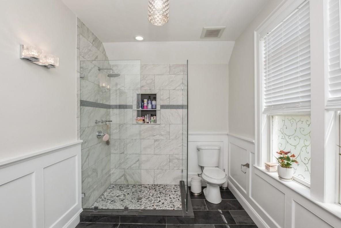 Bathroom, Glass Shower, Interior, Marble Walls, Recessed Lighting