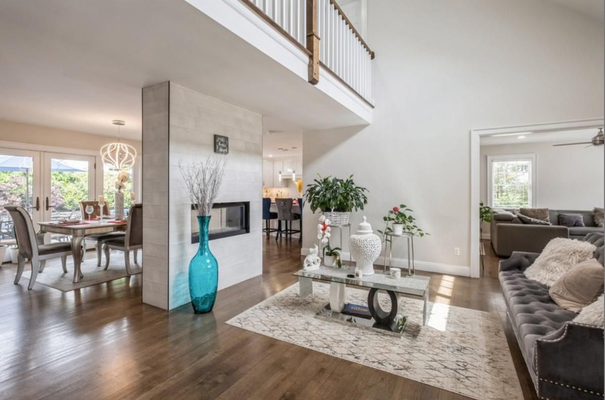 Dining room, Fireplace, Interior, Living room, Pendant Lights, Wood Texture Flooring