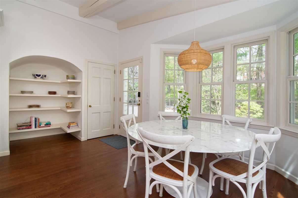 Dining room, Interior, Pendant Lights, Wood Texture Flooring