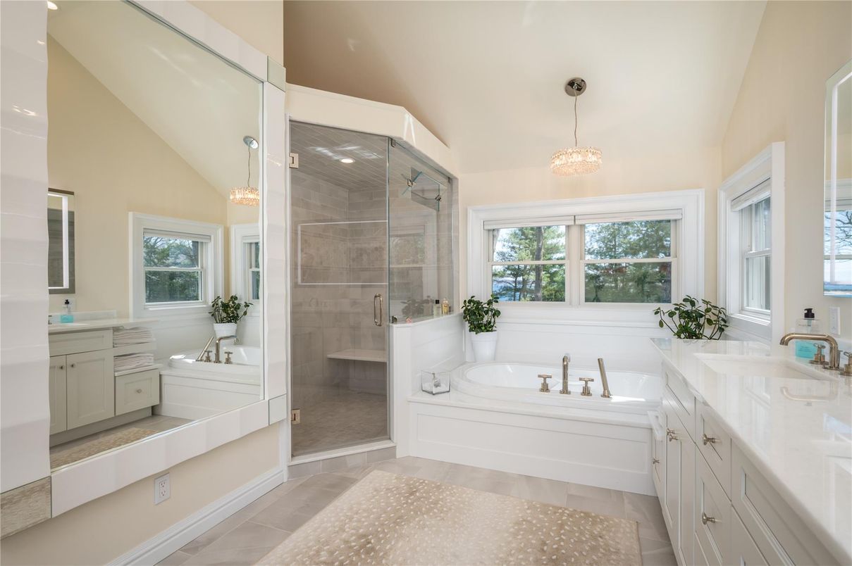 Bathroom, Dual Sink Vanities, Glass Shower, Interior, Pendant Lights
