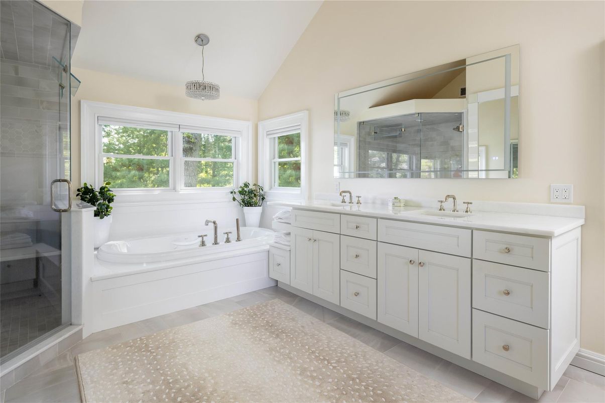 Bathroom, Dual Sink Vanities, Glass Shower, Interior, Pendant Lights, Wood Texture Flooring