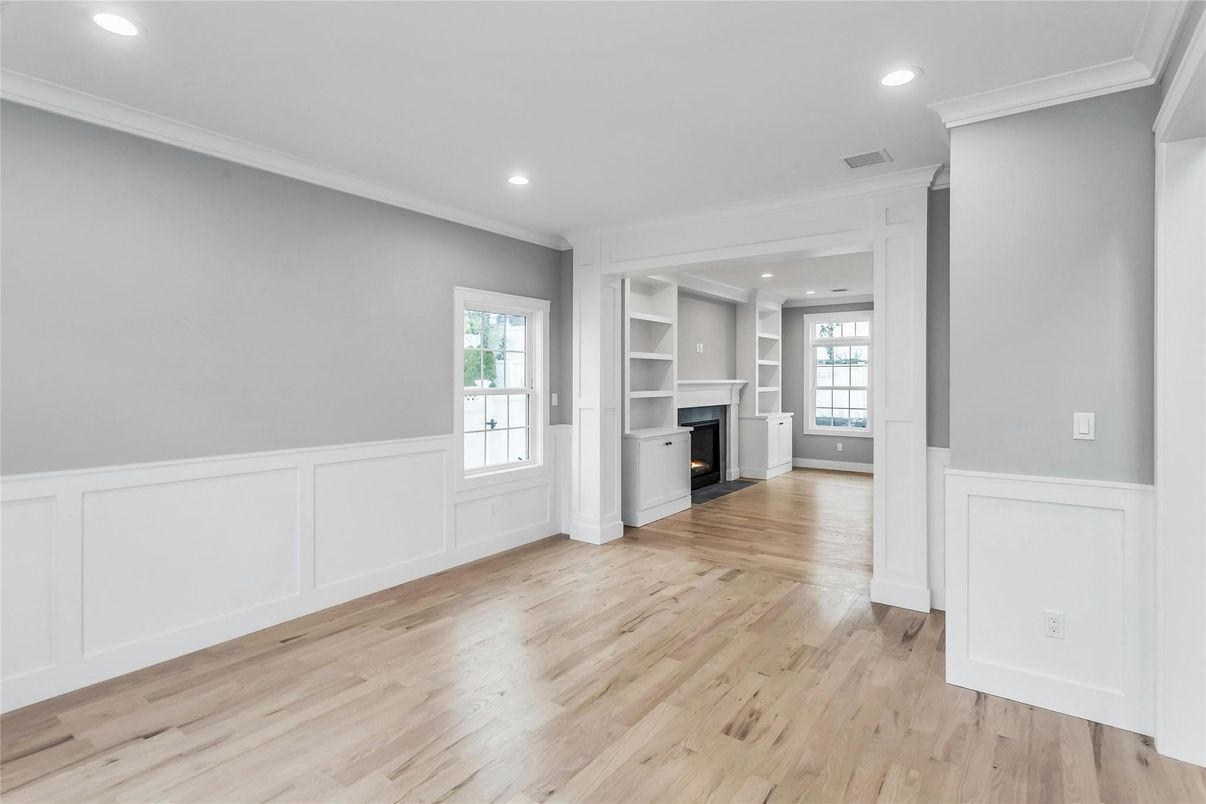 Empty room, Fireplace, Interior, Recessed Lighting, Wood Texture Flooring