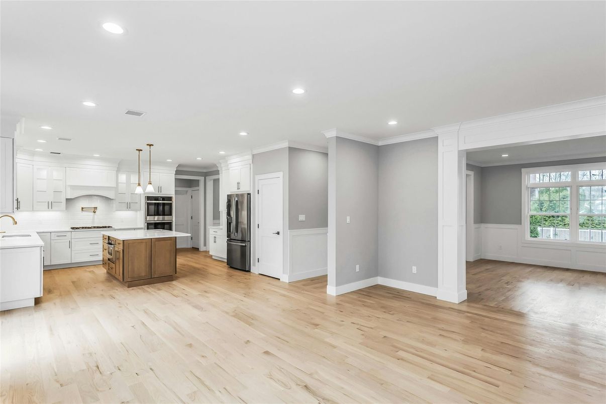Interior, Kitchen, Pendant Lights, Recessed Lighting, Stainless Steel Appliances, Wood Texture Flooring