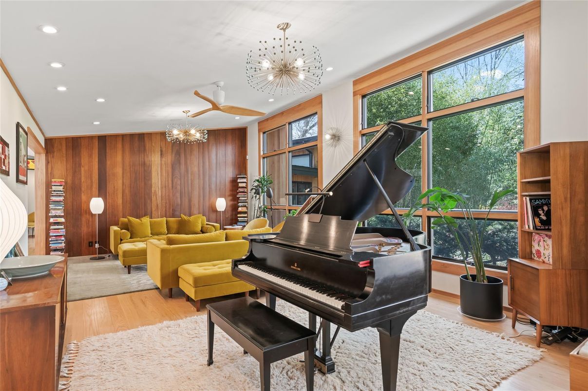 Interior, Living room, Piano, Recessed Lighting, Wood Texture Flooring, Wooden Walls