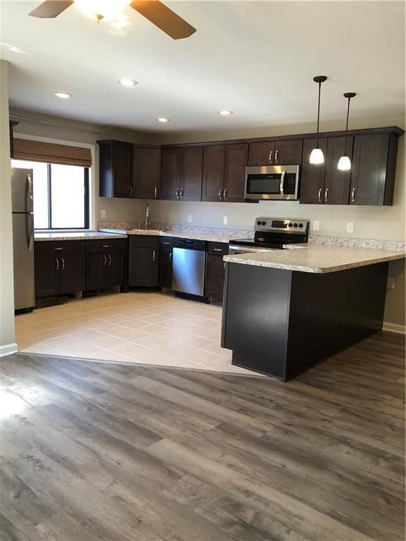 Interior, Kitchen, Pendant Lights, Recessed Lighting, Wood Texture Flooring