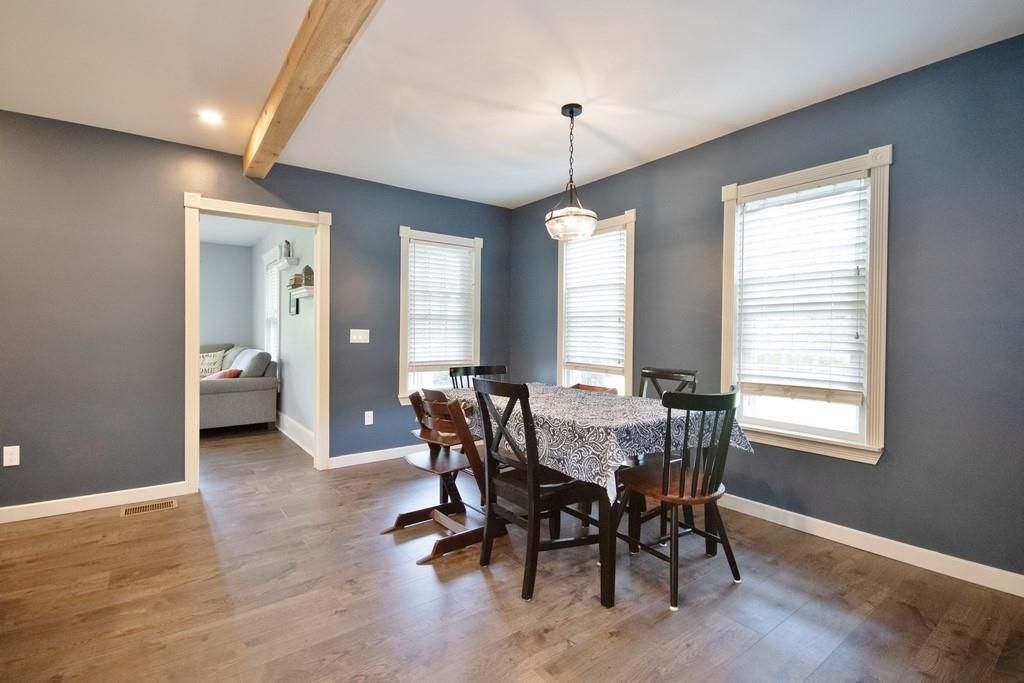 Dining room, Interior, Pendant Lights, Recessed Lighting, Wooden Beams, Wood Texture Flooring