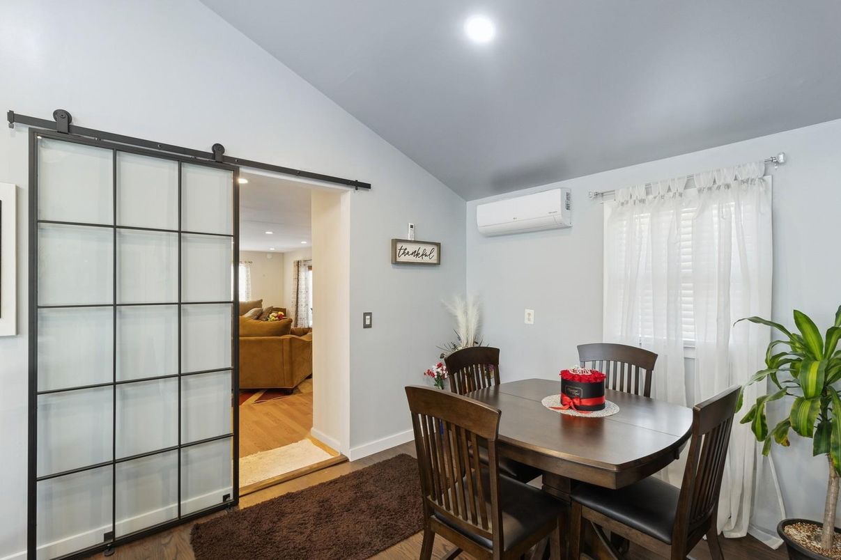 Dining room, Interior, Recessed Lighting, Wood Texture Flooring