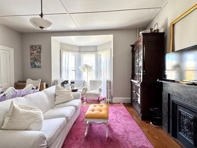 Fireplace, Interior, Living room, Pendant Lights, Wood Texture Flooring