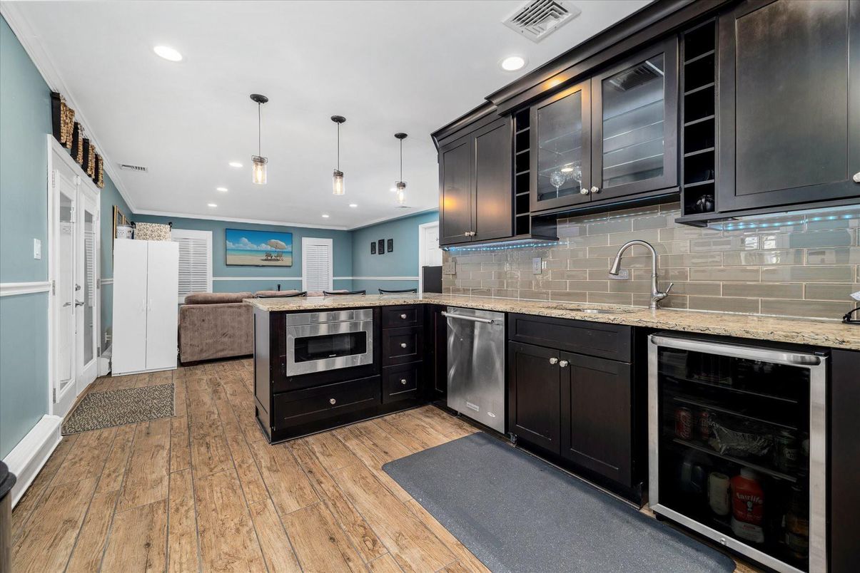 Interior, Kitchen, Pendant Lights, Recessed Lighting, Stainless Steel Appliances, Wood Texture Flooring