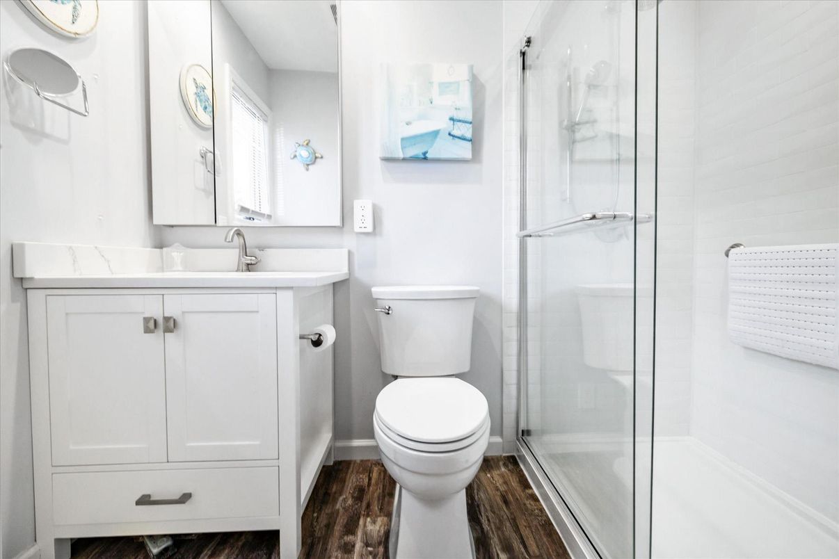 Bathroom, Glass Shower, Interior, Wood Texture Flooring