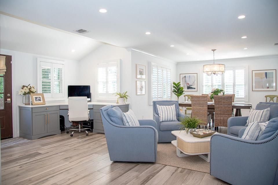 Chandelier, Home Office, Interior, Living room, Recessed Lighting, Wood Texture Flooring