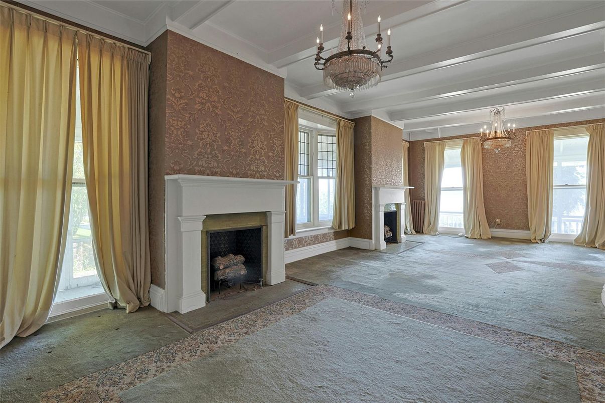 Chandelier, Empty room, Fireplace, Interior