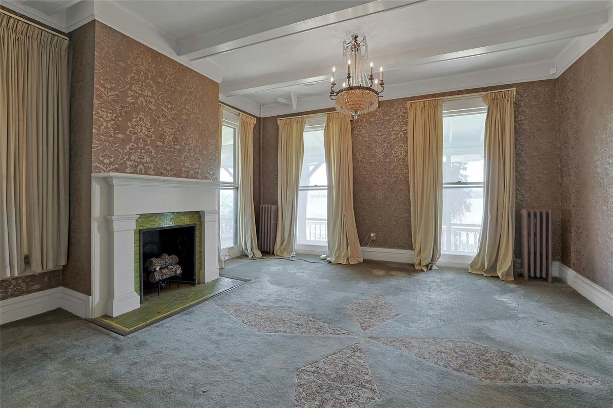 Chandelier, Empty room, Fireplace, Interior
