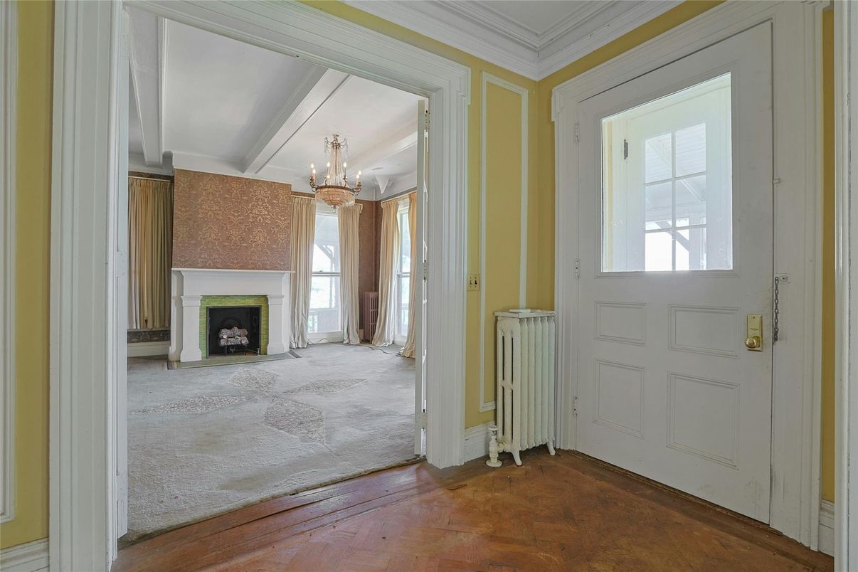 Chandelier, Empty room, Fireplace, Interior, Wood Texture Flooring