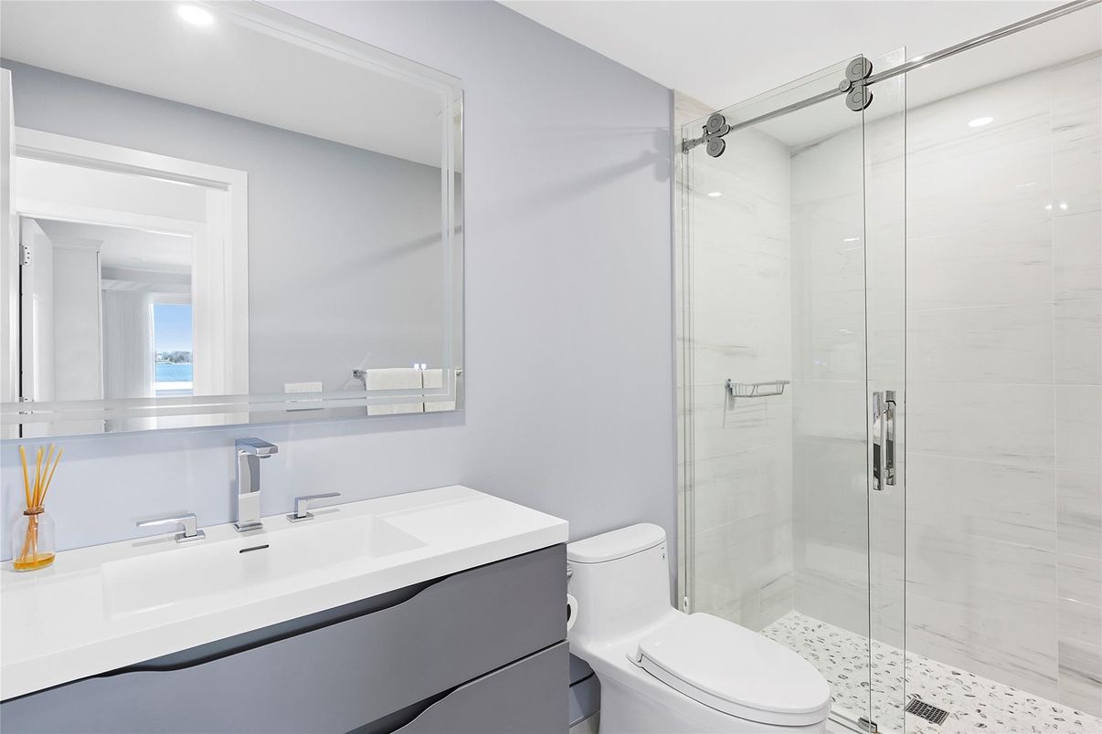 Bathroom, Glass Shower, Interior, Marble Walls, Recessed Lighting