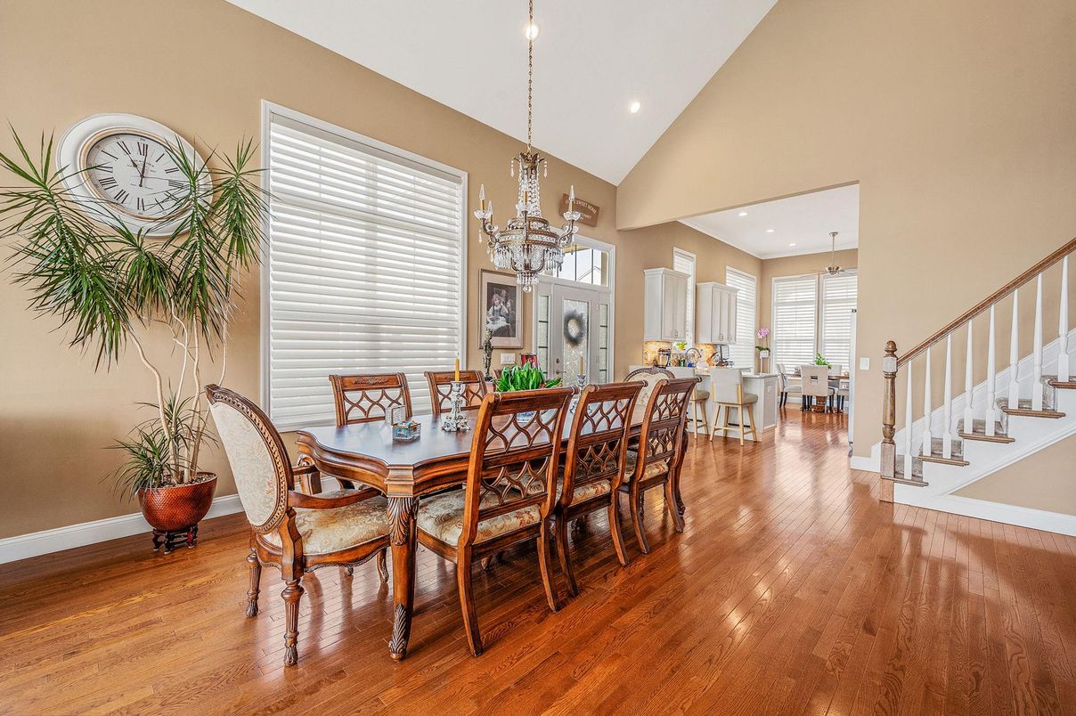 Chandelier, Dining room, Interior, Pendant Lights, Recessed Lighting, Wood Texture Flooring