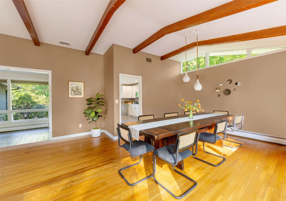 Dining room, Interior, Pendant Lights, Wooden Beams, Wood Texture Flooring