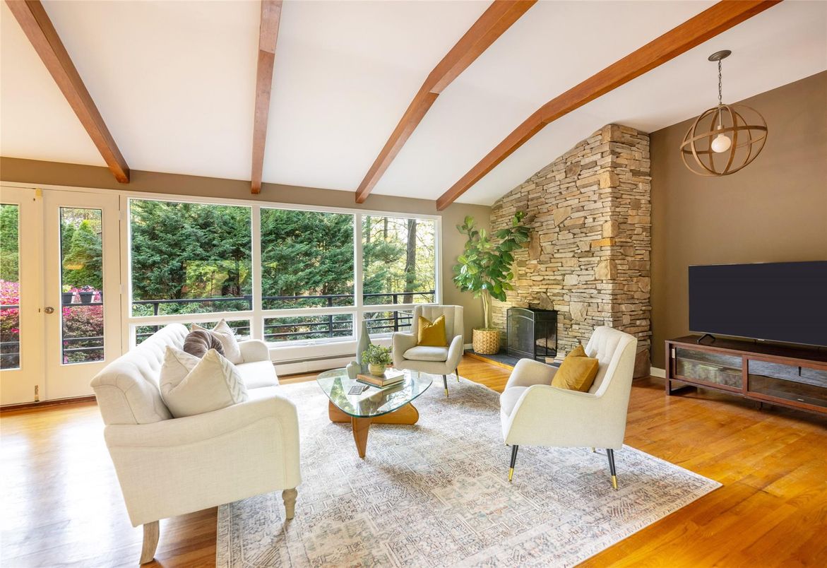 Fireplace, Interior, Living room, Pendant Lights, Stone Walls, Wooden Beams, Wood Texture Flooring