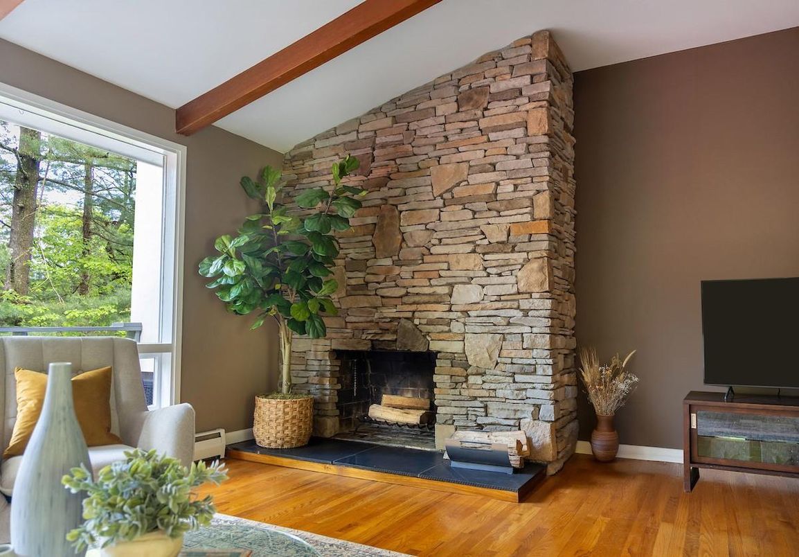 Fireplace, Interior, Stone Walls, Wooden Beams, Wood Texture Flooring
