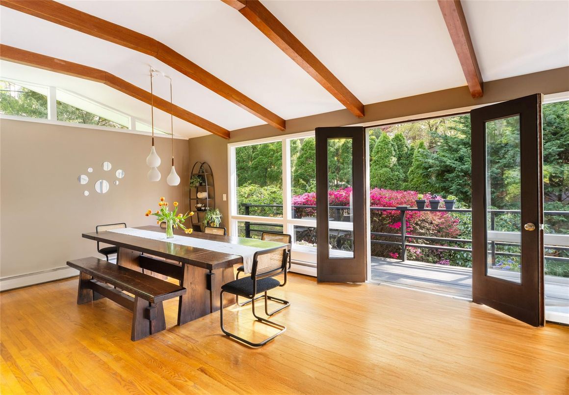 Dining room, Interior, Pendant Lights, Wooden Beams, Wood Texture Flooring