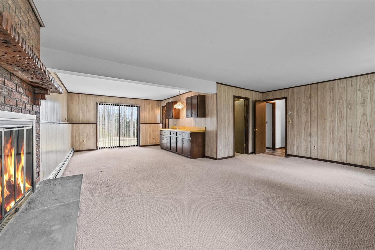 Empty room, Fireplace, Interior, Kitchen, Pendant Lights, Wooden Walls