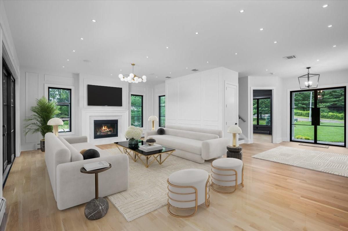 Fireplace, Interior, Living room, Pendant Lights, Recessed Lighting, Wood Texture Flooring