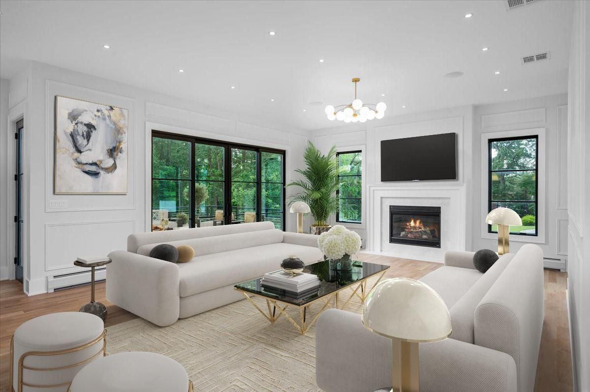 Fireplace, Interior, Living room, Pendant Lights, Recessed Lighting, Wood Texture Flooring