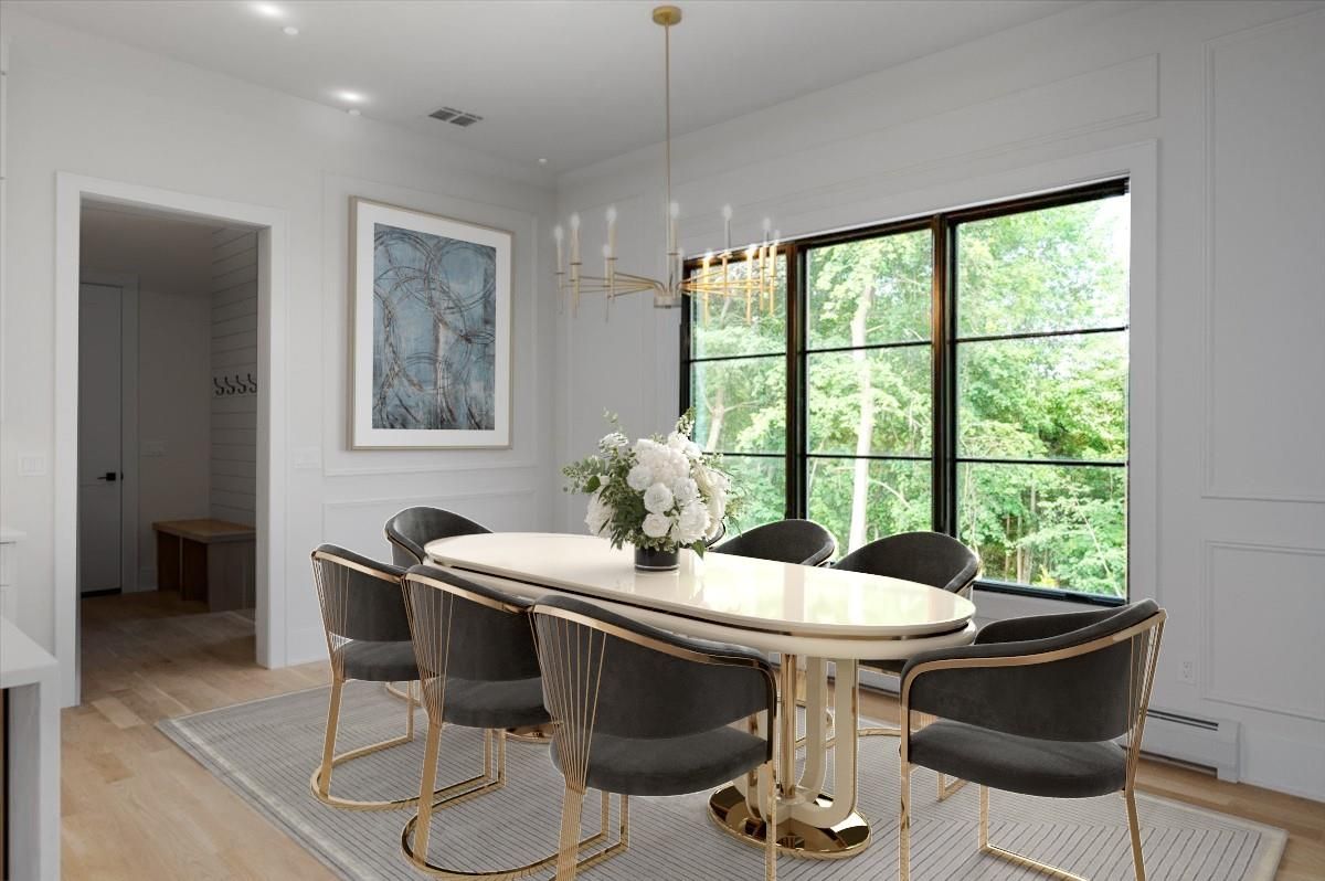 Dining room, Interior, Pendant Lights, Recessed Lighting, Wood Texture Flooring