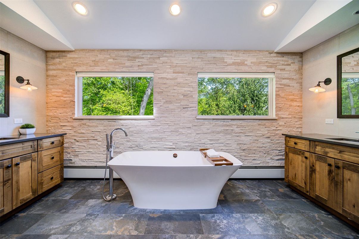 Bathroom, Dual Sink Vanities, Free Standing Baths, Interior, Recessed Lighting, Stone Walls