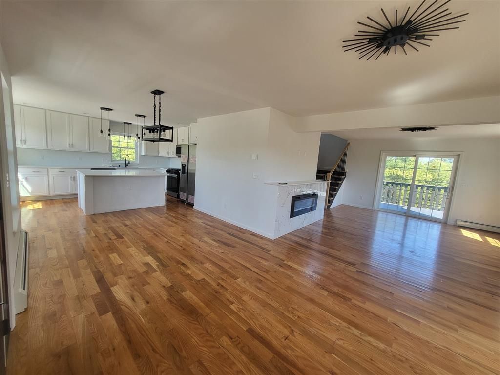 Fireplace, Interior, Kitchen, Pendant Lights, Wood Texture Flooring