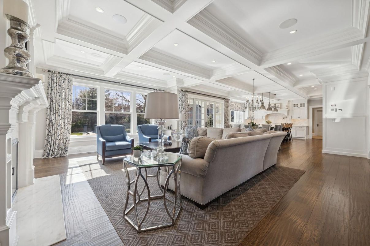 Fireplace, Interior, Kitchen, Living room, Pendant Lights, Recessed Lighting, Wood Texture Flooring