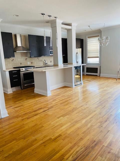 Interior, Kitchen, Pendant Lights, Stainless Steel Appliances, Wood Texture Flooring
