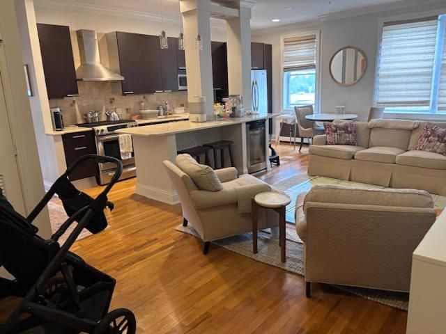 Dining room, Interior, Kitchen, Living room, Pendant Lights, Recessed Lighting, Wood Texture Flooring