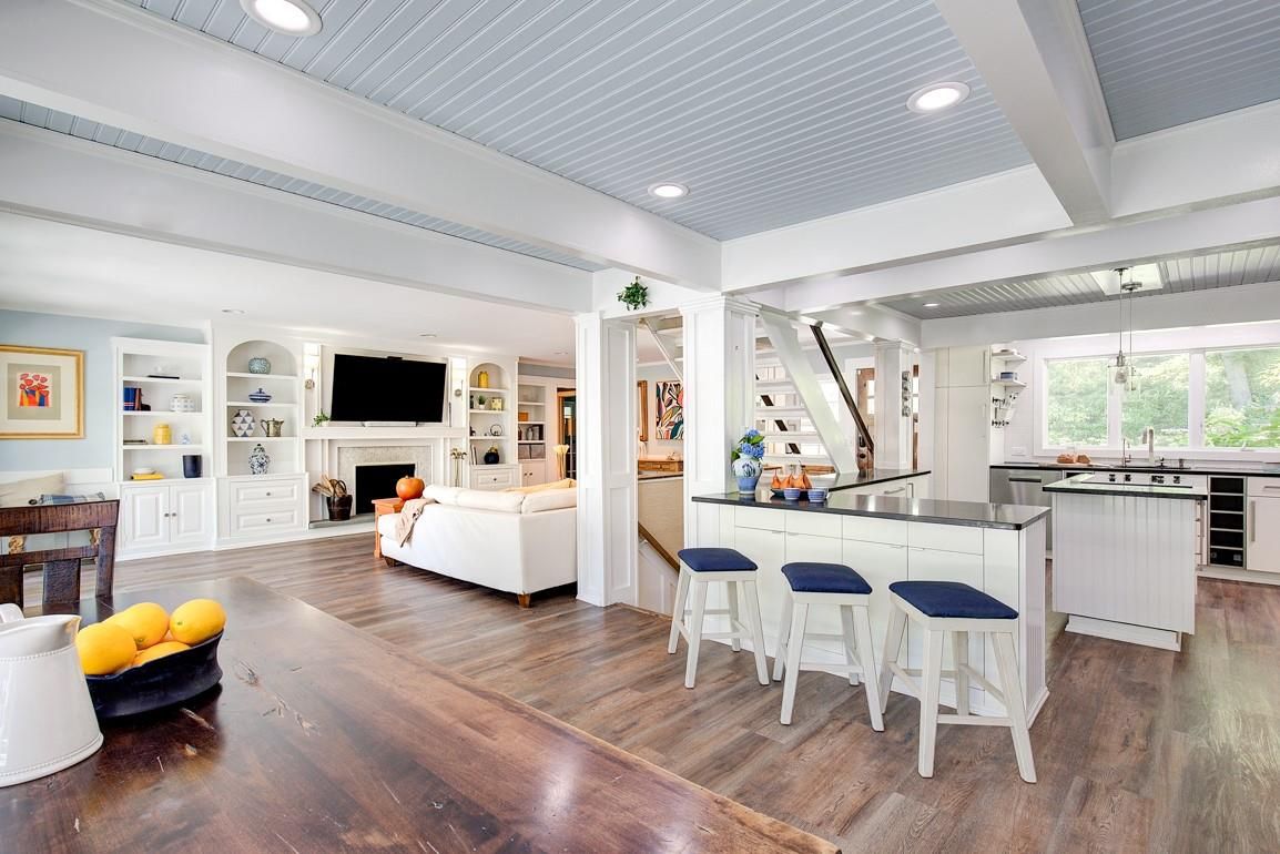 Fireplace, Interior, Kitchen, Living room, Recessed Lighting, Wood Texture Flooring