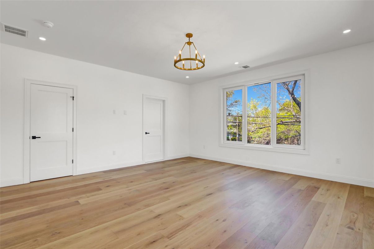 Chandelier, Empty room, Interior, Recessed Lighting, Wood Texture Flooring