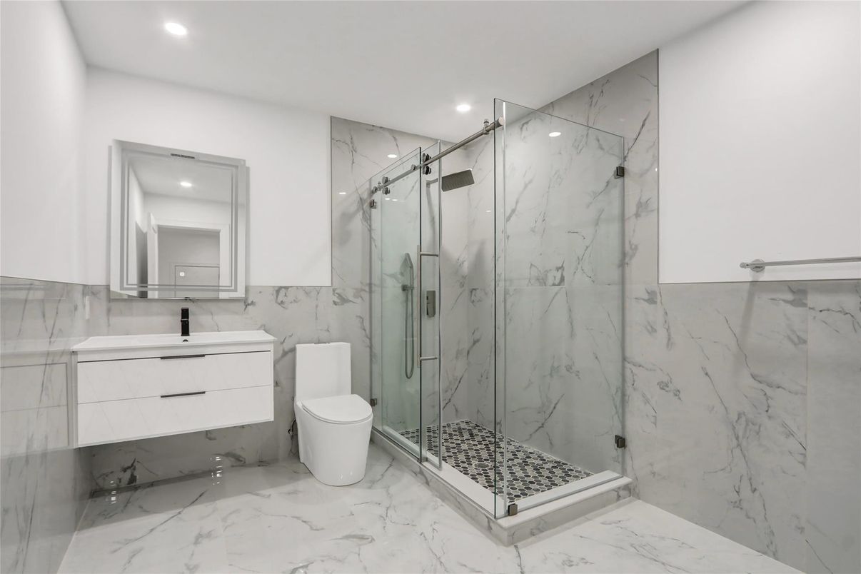 Bathroom, Glass Shower, Interior, Marble, Marble Walls, Recessed Lighting