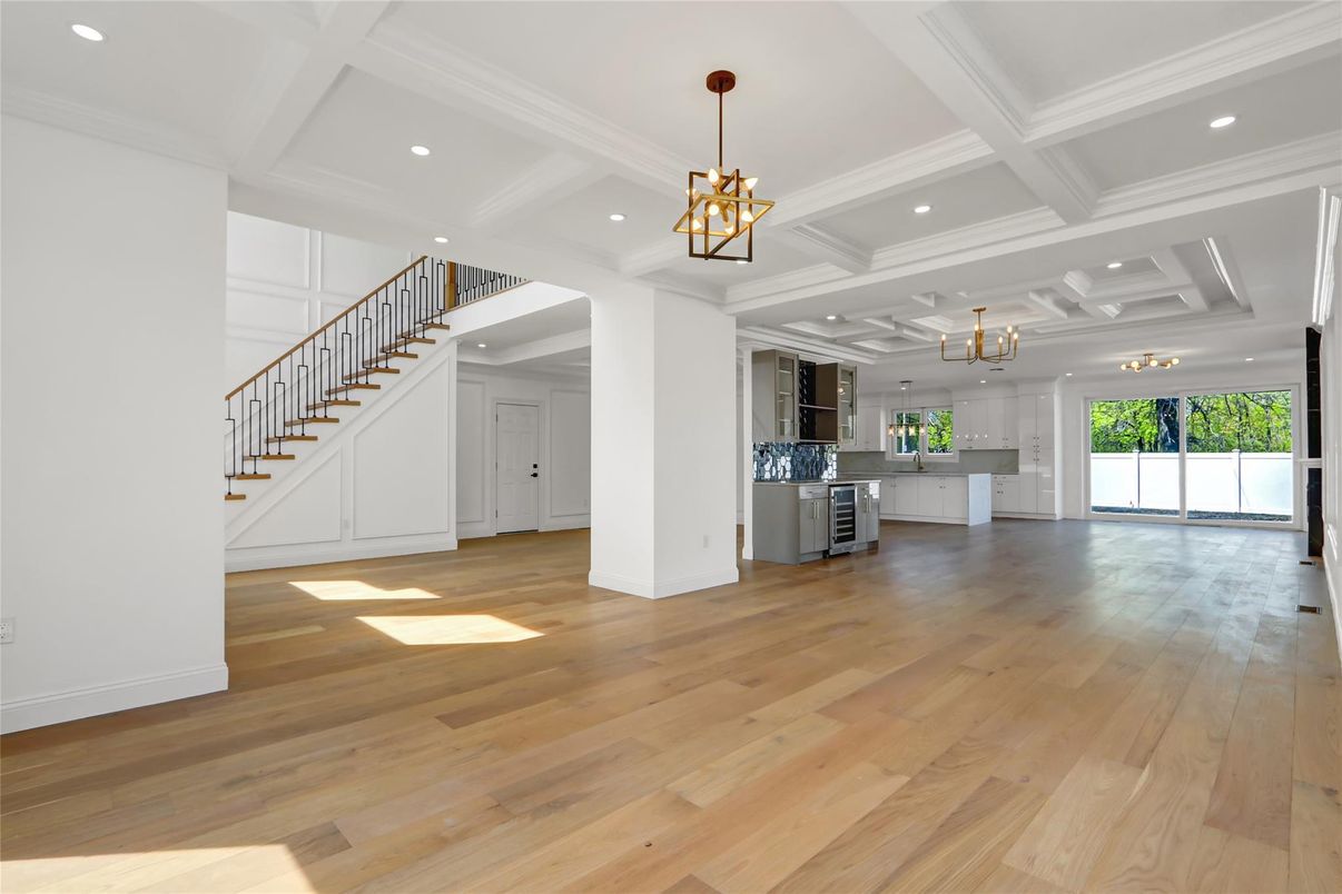 Chandelier, Interior, Kitchen, Pendant Lights, Recessed Lighting, Wood Texture Flooring
