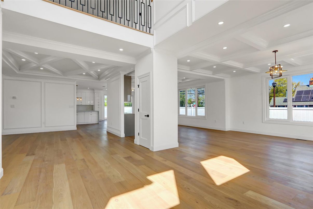 Empty room, Interior, Pendant Lights, Recessed Lighting, Wood Texture Flooring