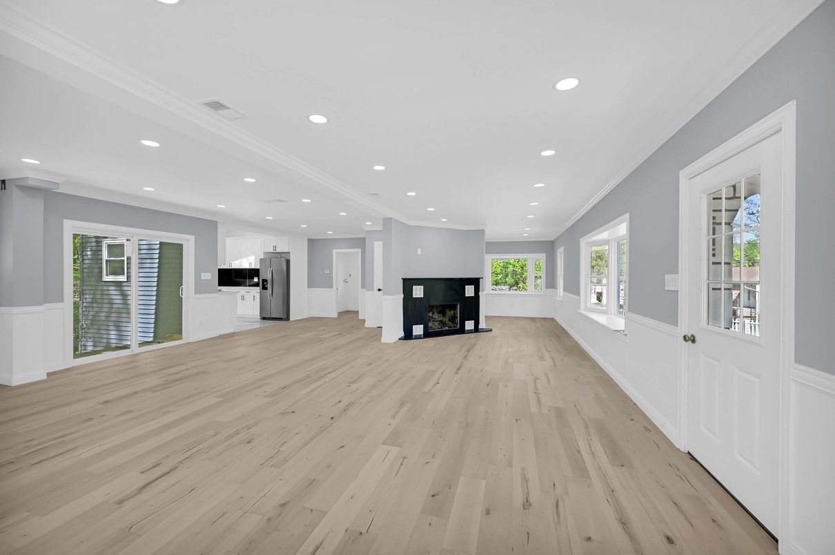 Empty room, Fireplace, Interior, Kitchen, Recessed Lighting, Wood Texture Flooring