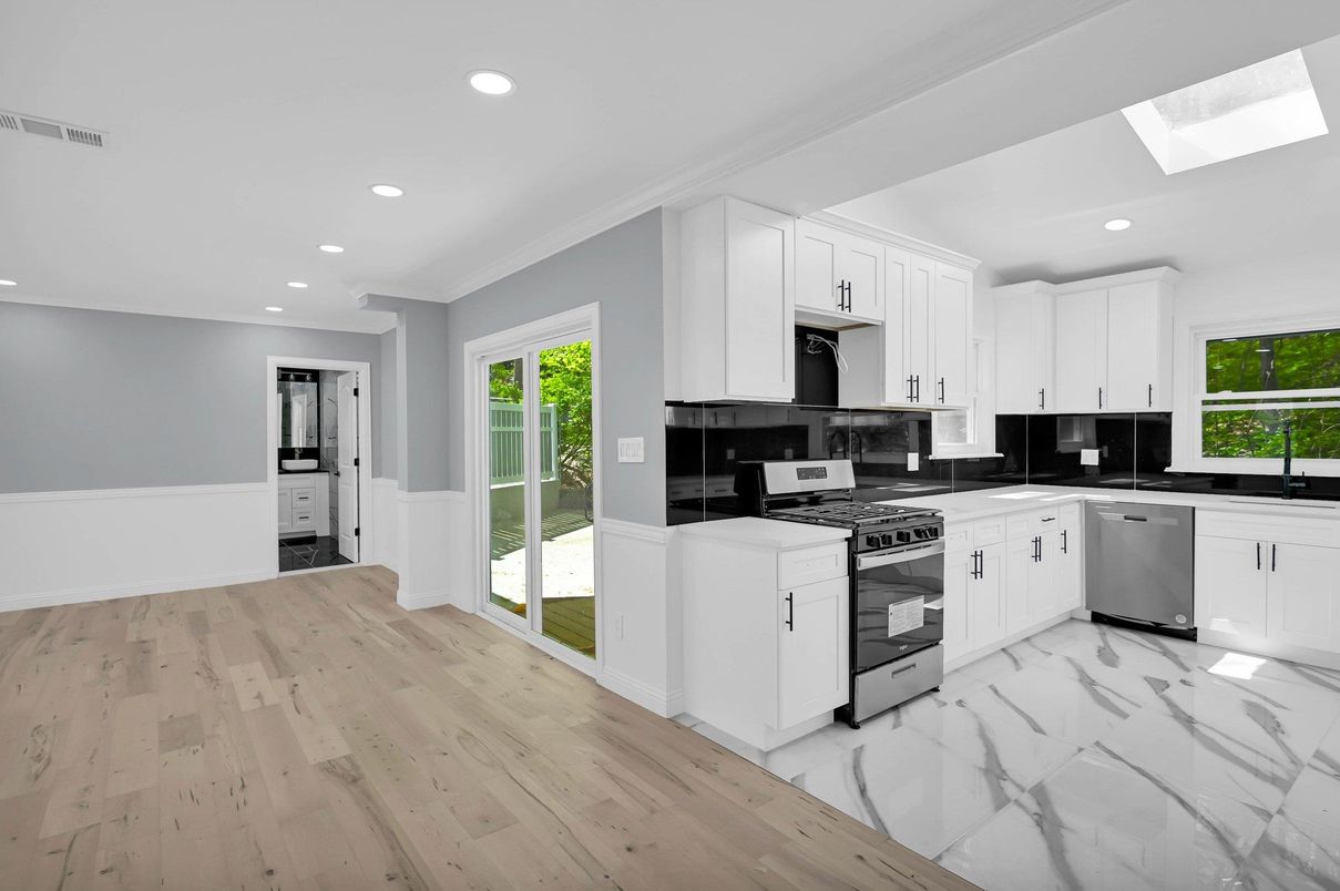 Interior, Kitchen, Marble, Recessed Lighting, Stainless Steel Appliances, Wood Texture Flooring