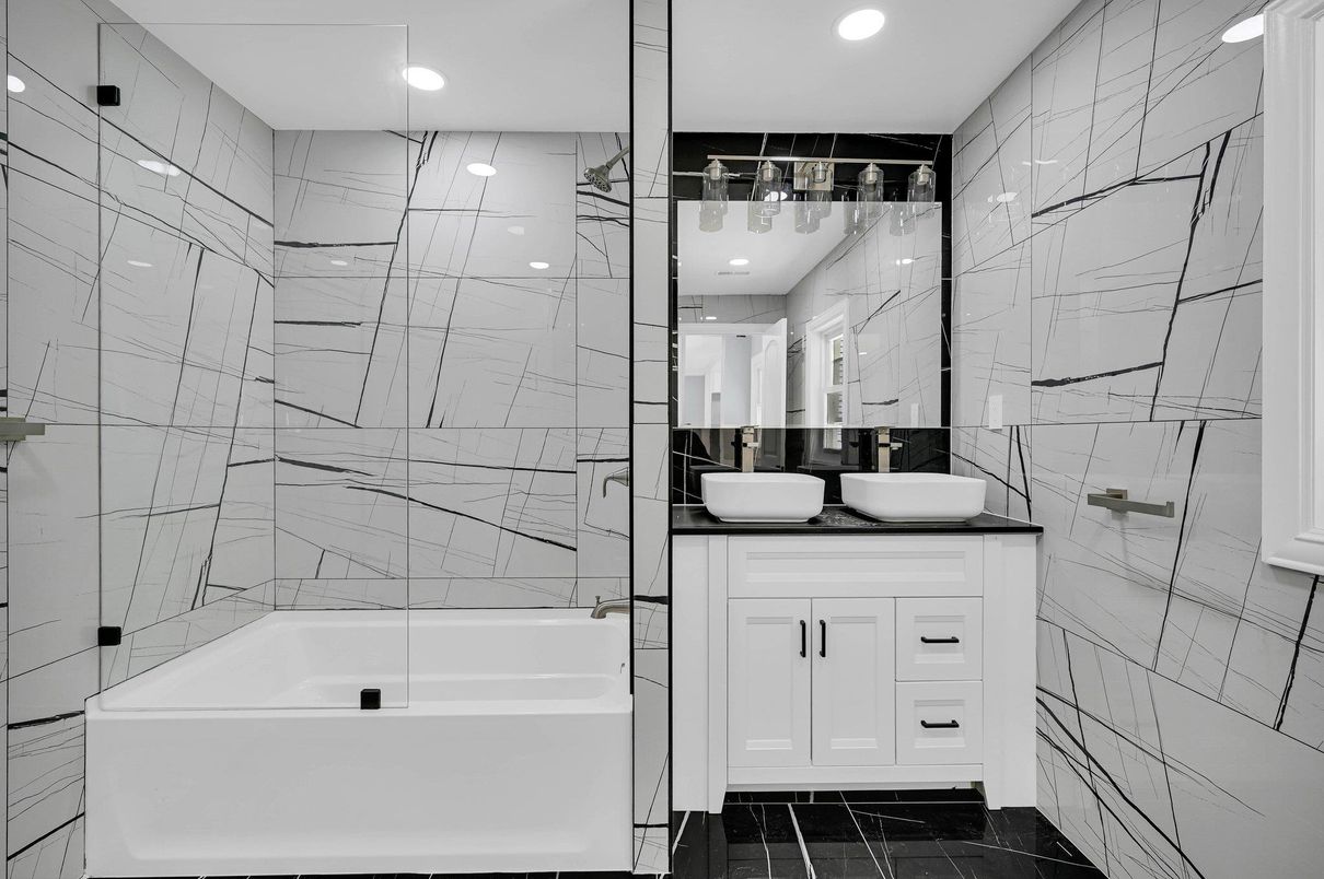 Bathroom, Dual Sink Vanities, Interior, Marble Walls, Recessed Lighting